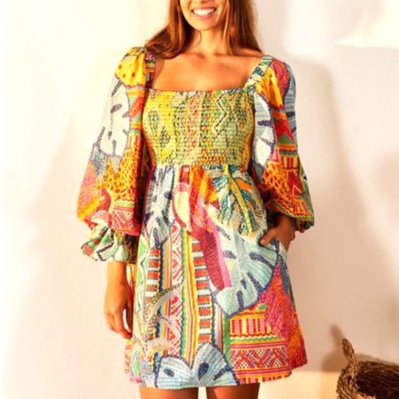 Farm Rio Summer Tapestry Smocked Minidress Artsy Tropical Cottagecore Dopamine - Picture 4 of 13